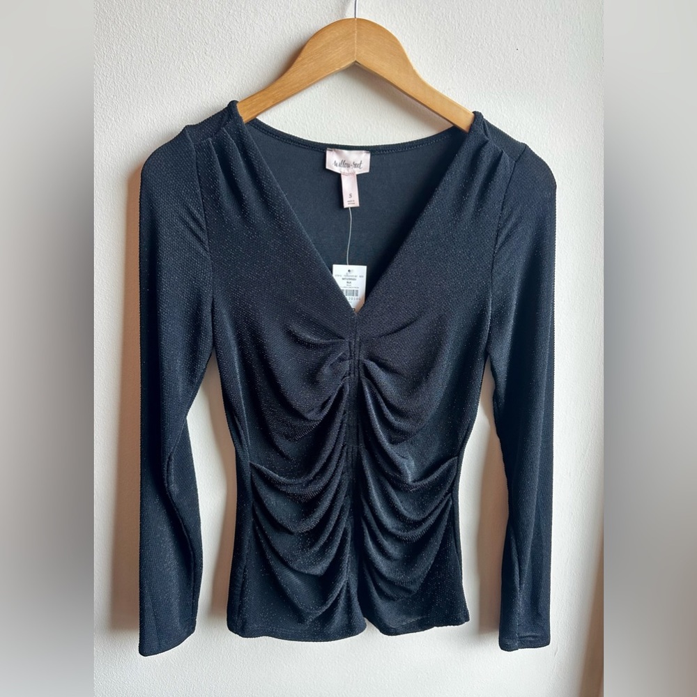 NWT - Metallic Pintuck V Neck Top - SZ S - Black Shimmer Long Sleeve